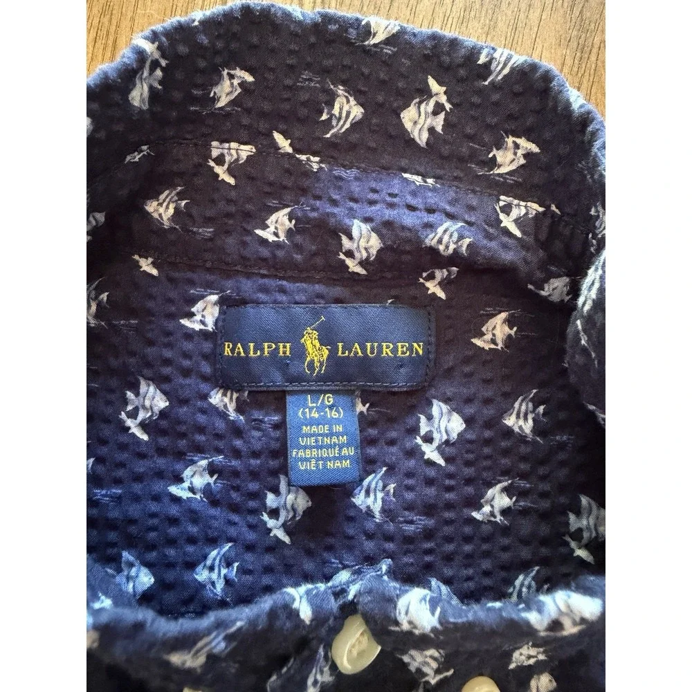 Ralph Lauren Boys L (14-16) Blue Seersucker Short Sleeve Button-Down Shirt